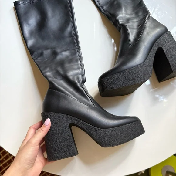 Black Pleather Knee High Platform Boots - Picture 3 of 5